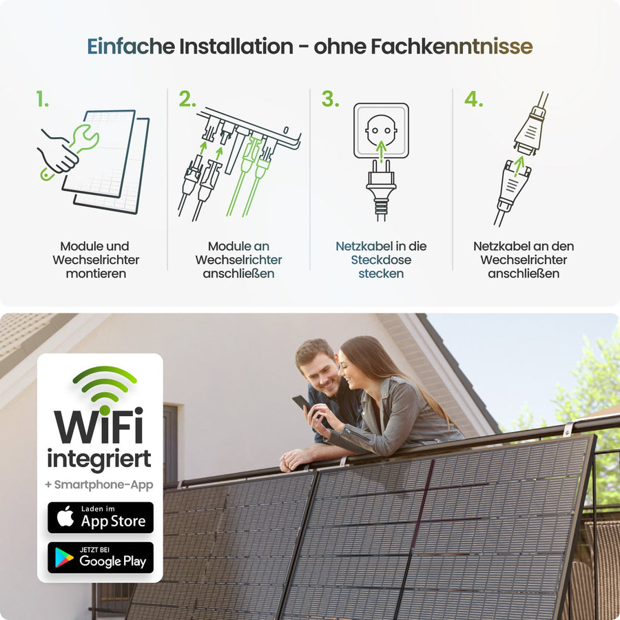 Anwendungsbereiche des Balkonkraftwerks: Balkon, Terrasse, Dach und Wand