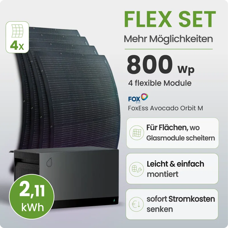 Balkonkraftwerk Flex mit 4 flexiblen Full-Black-Modulen und FoxEss Orbit Speicher 2,11 kWh