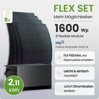 Balkonkraftwerk Flex mit 8 flexiblen Full-Black-Modulen und FoxEss Orbit Speicher 2,11 kWh