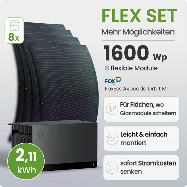 Balkonkraftwerk Flex mit 8 flexiblen Full-Black-Modulen und FoxEss Orbit Speicher 2,11 kWh